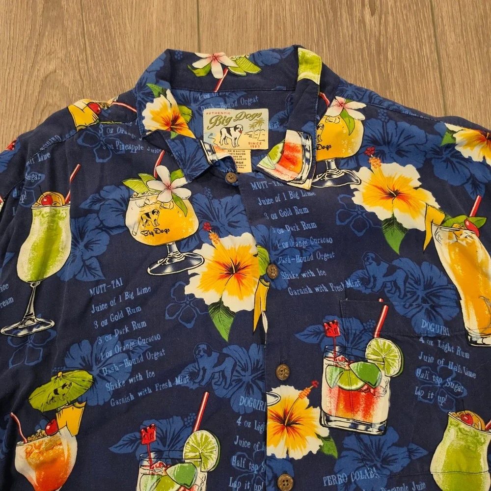 Big Dogs Mens Large Hawaiian Shirt Navy Blue Cocktail Drink rayon vintage y2k